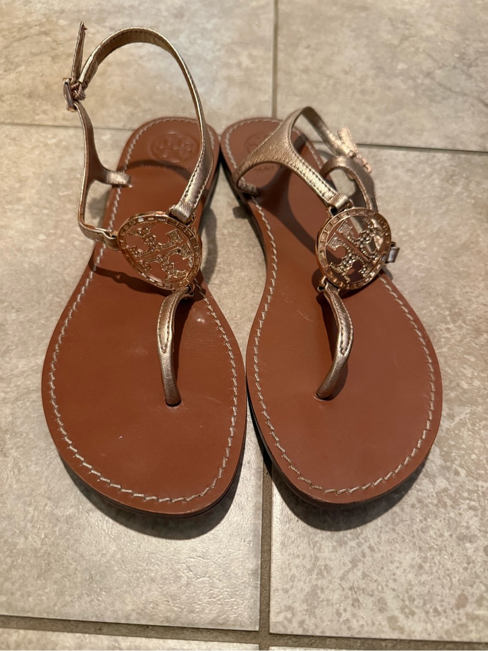 Tory Burch Metallic Gold Logo Thong Sandals with Brown Footbed